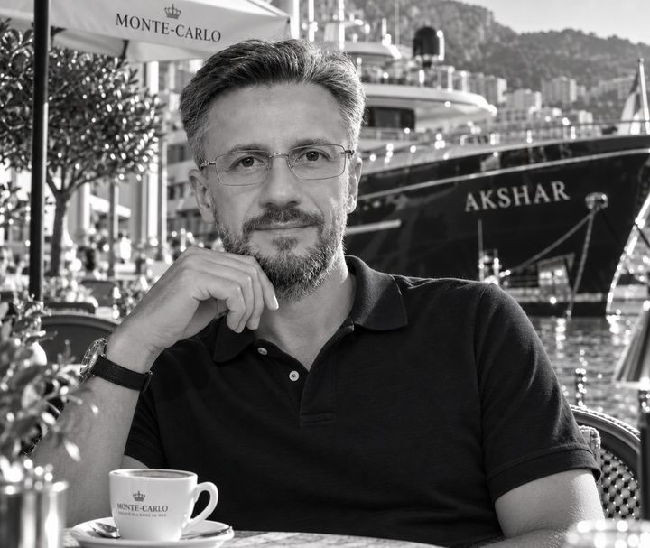 Адамар Акшар в очках с прозрачными линзами и тёмном поло за столиком кафе, на заднем плане — яхта AKSHAR